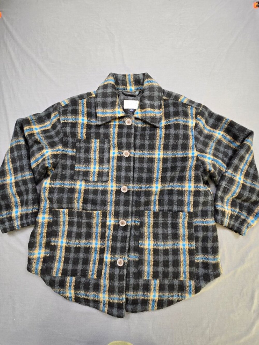 XL Womens Plaid Button Front Shacket Jacket Shirt Gray Blue HEAVY